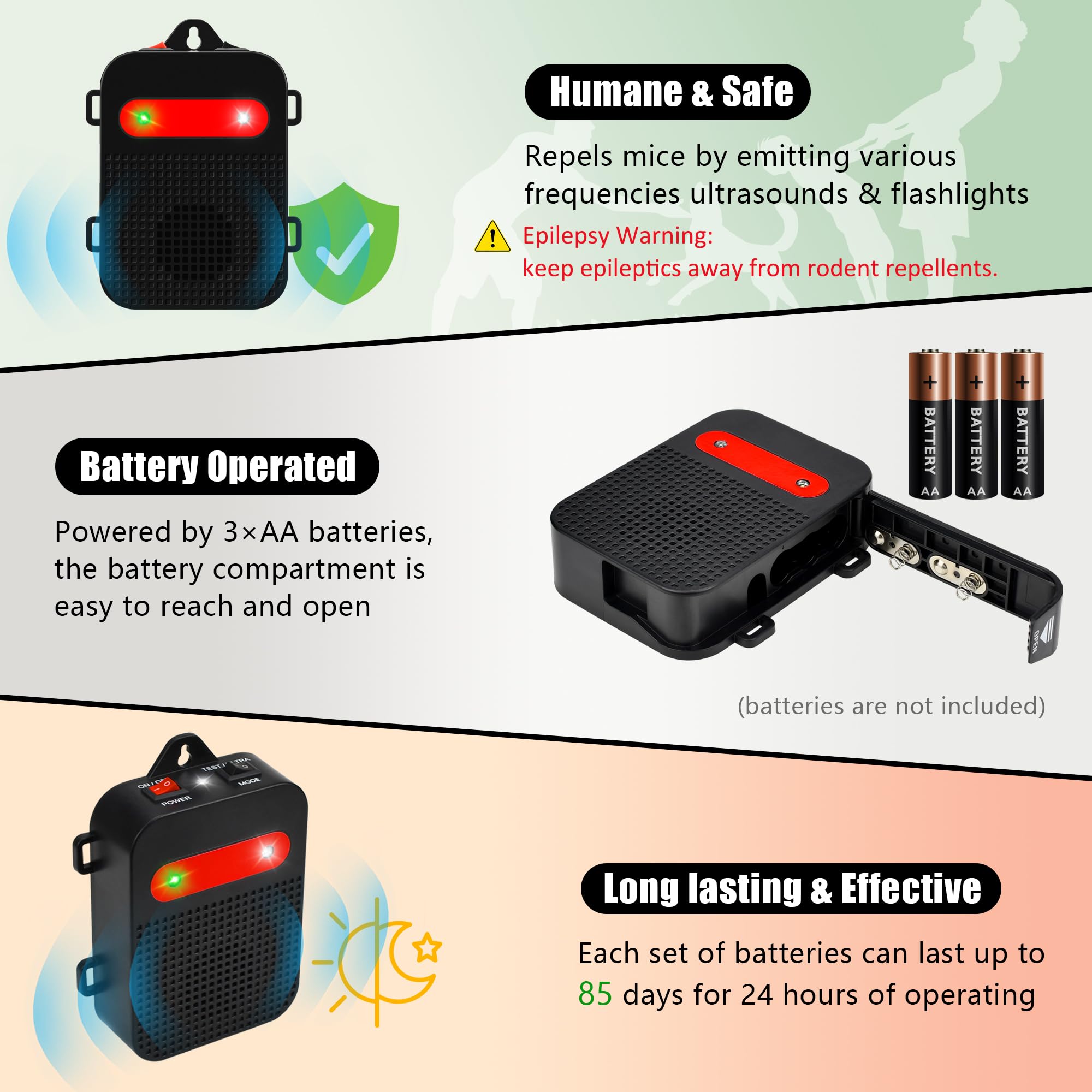 Angveirt battery compartment open with 3 AA cells showing accessible power and long runtime benefit
