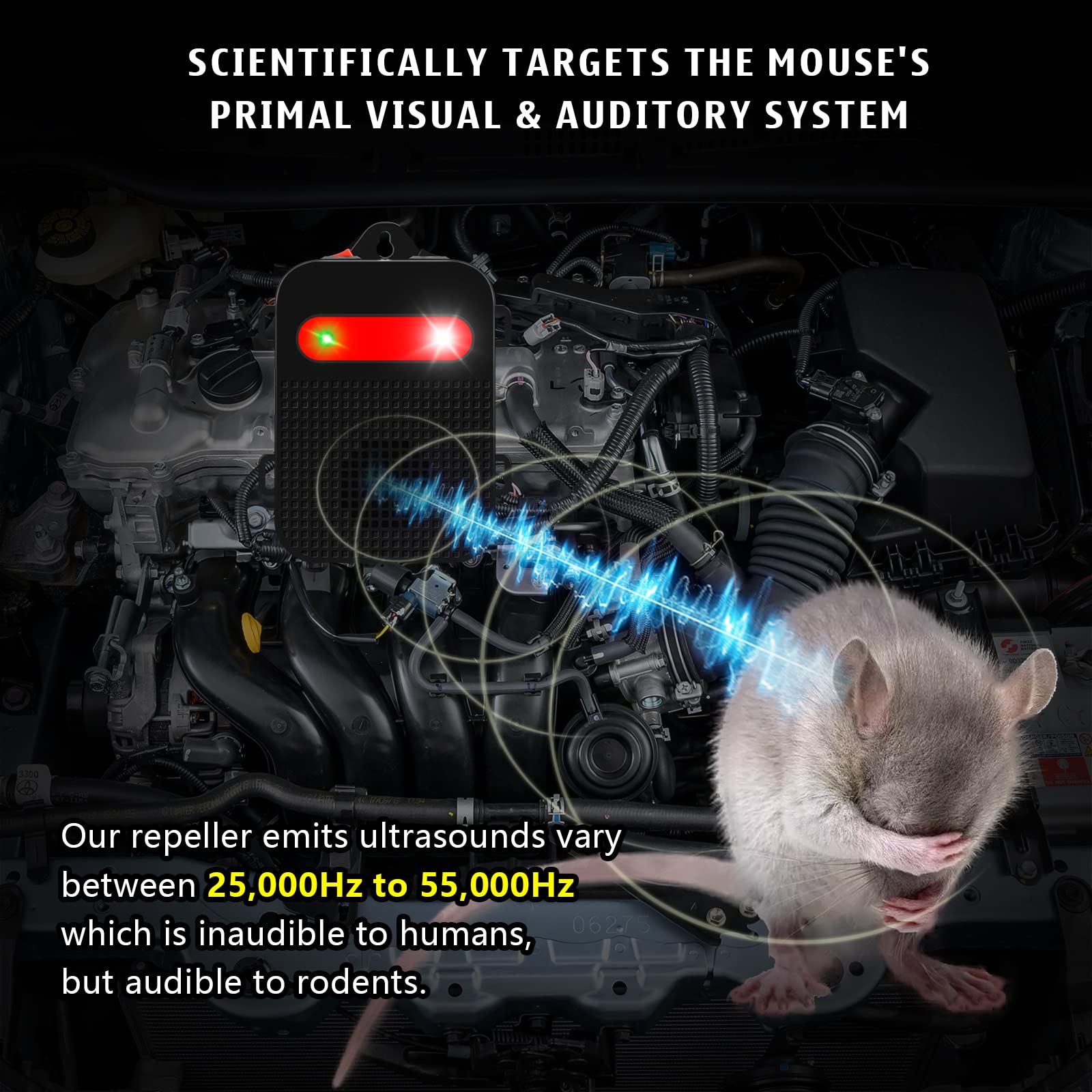 Angveirt strobe and speaker detail highlighting light and ultrasonic features for deterrence benefit