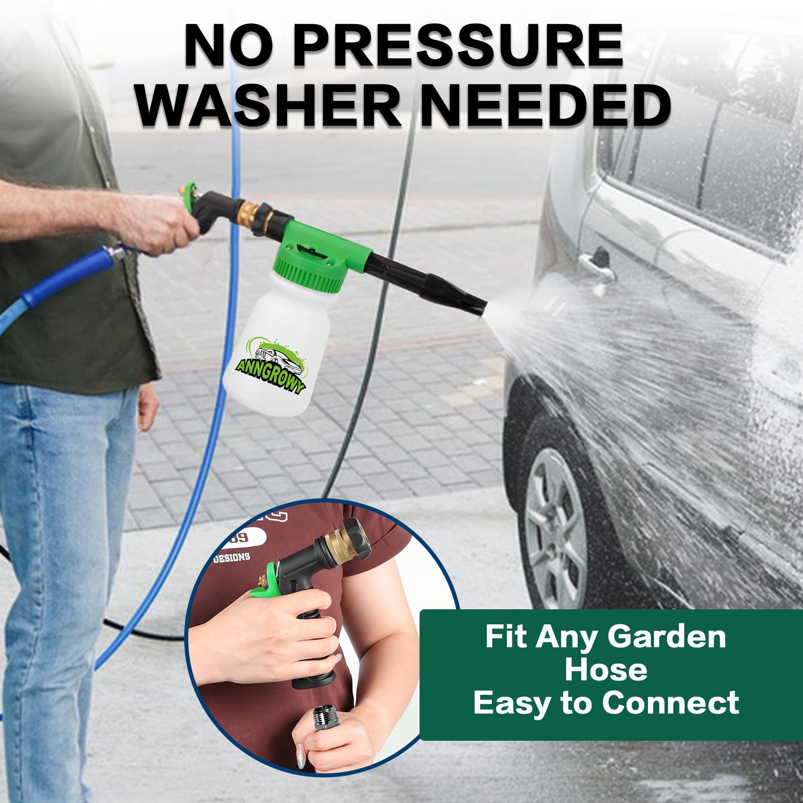 anngrowy foam gun connected to garden hose with brass quick connector for fast hookup