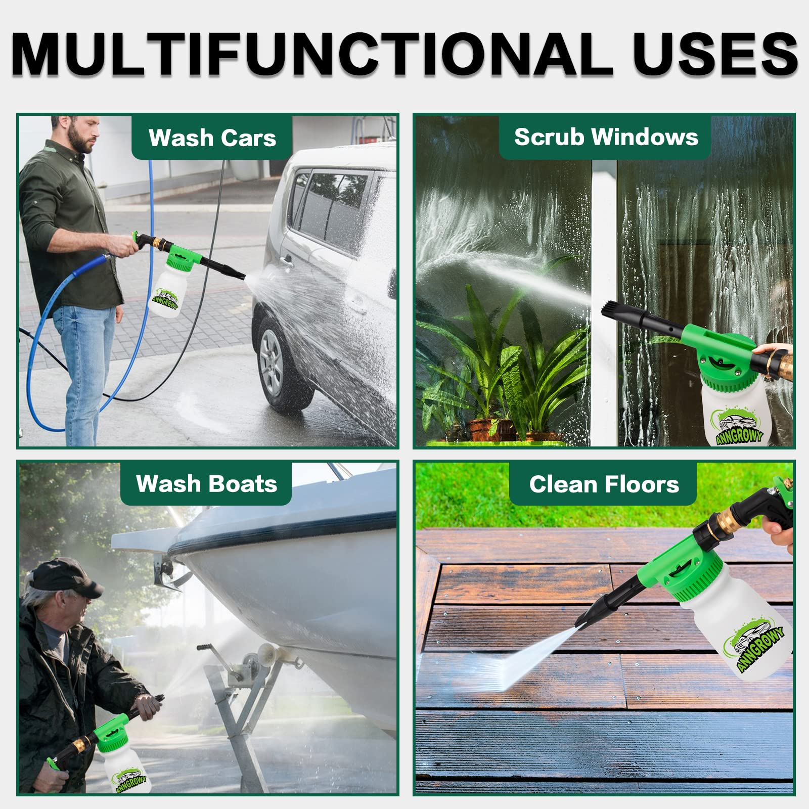 anngrowy foam gun spraying foam on car in driveway for safer, lubricated cleaning