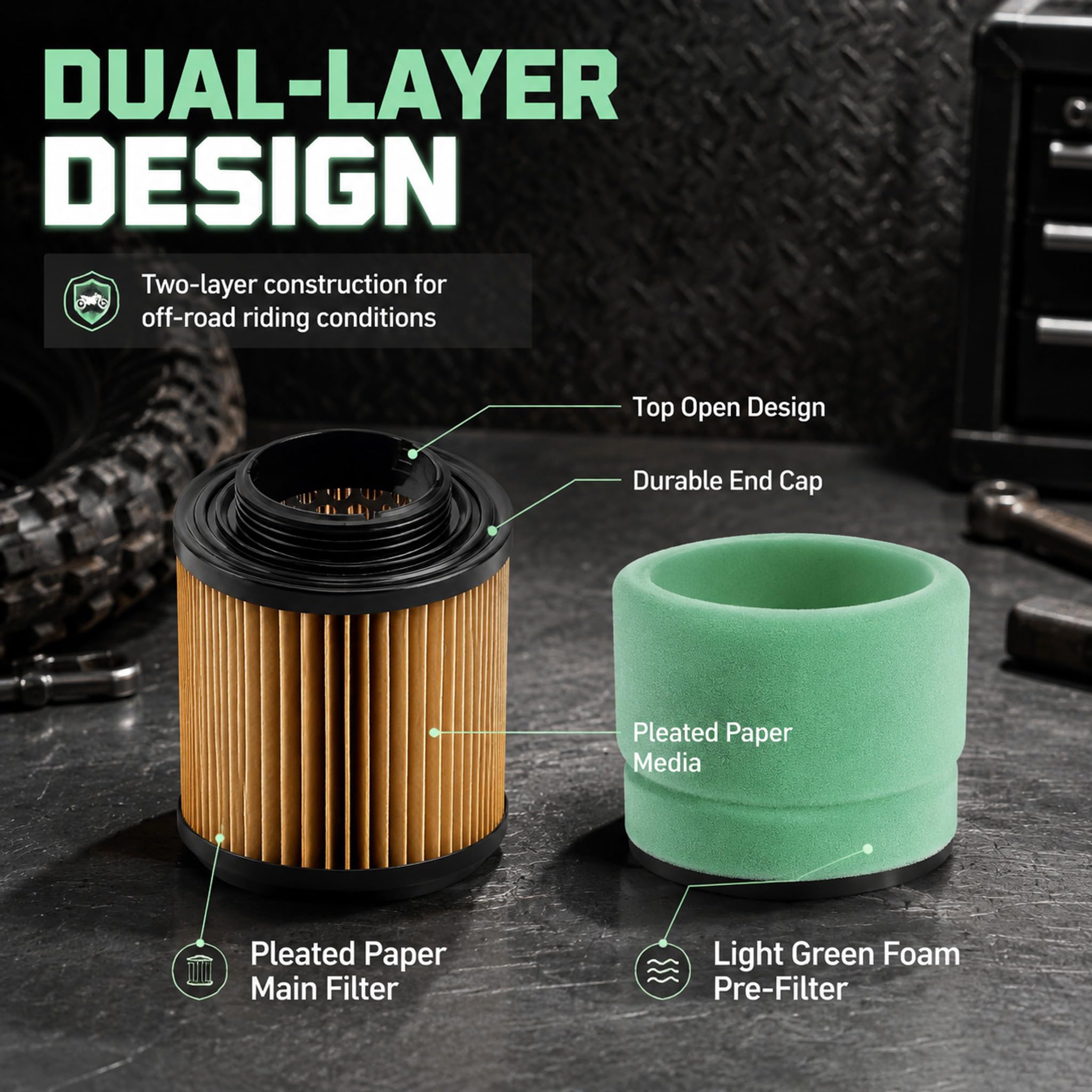 Anoety filter in an ATV workshop with tools highlighting easy swap and preparedness for dusty rides