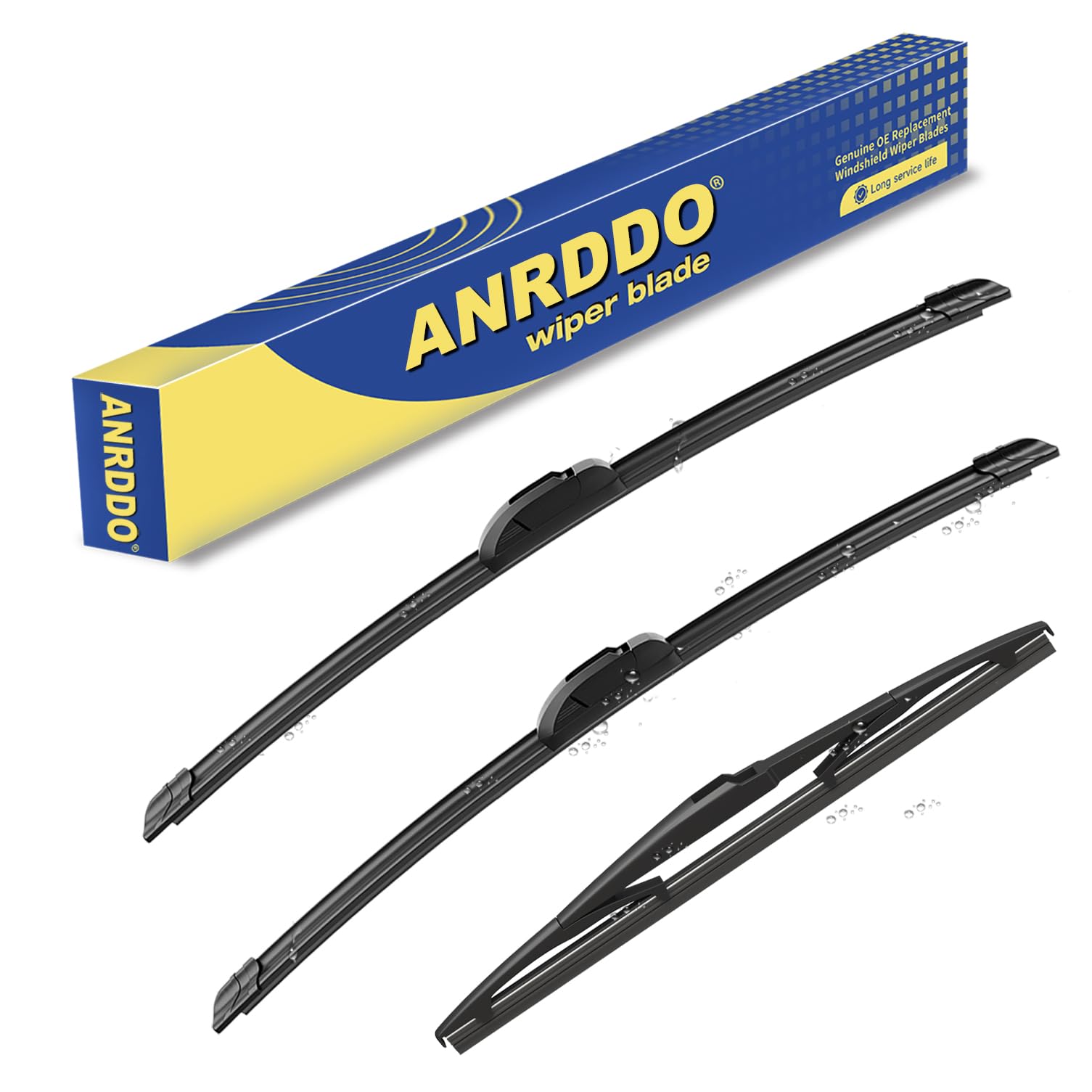 ANRDDO front view of full three-piece wiper set showing lengths and packaging, clear replacement