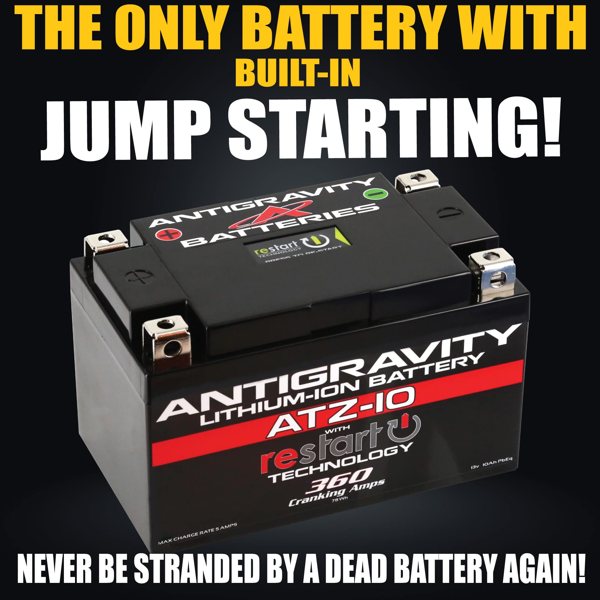 Antigravity Batteries top view highlighting the RE-START button for quick emergency starts