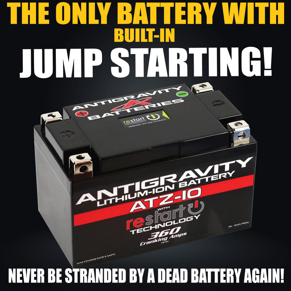 Antigravity Batteries top view highlighting the RE-START button for quick emergency starts