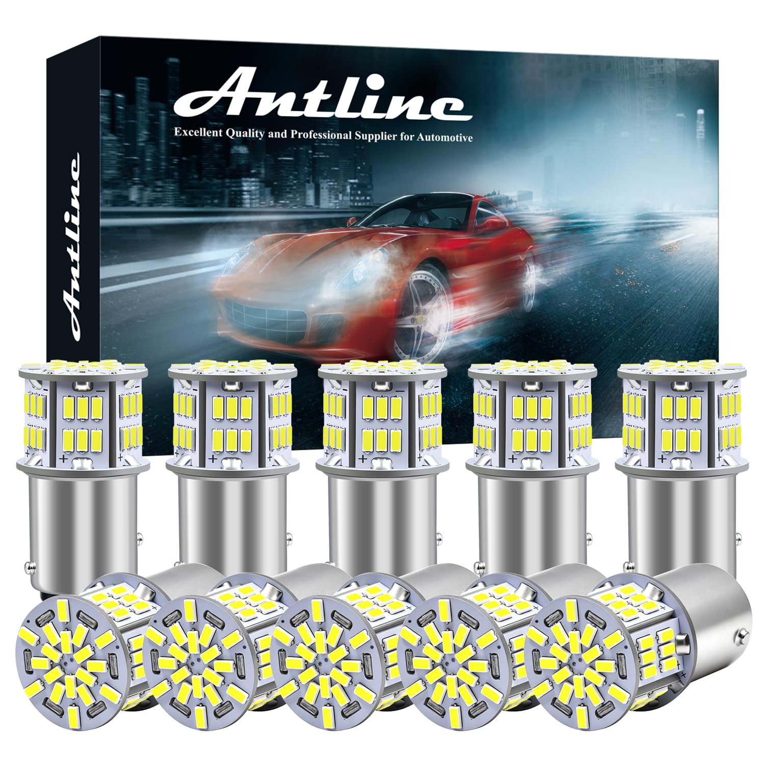 Antline front view pack of 10 bulbs showing bright uniform light benefit