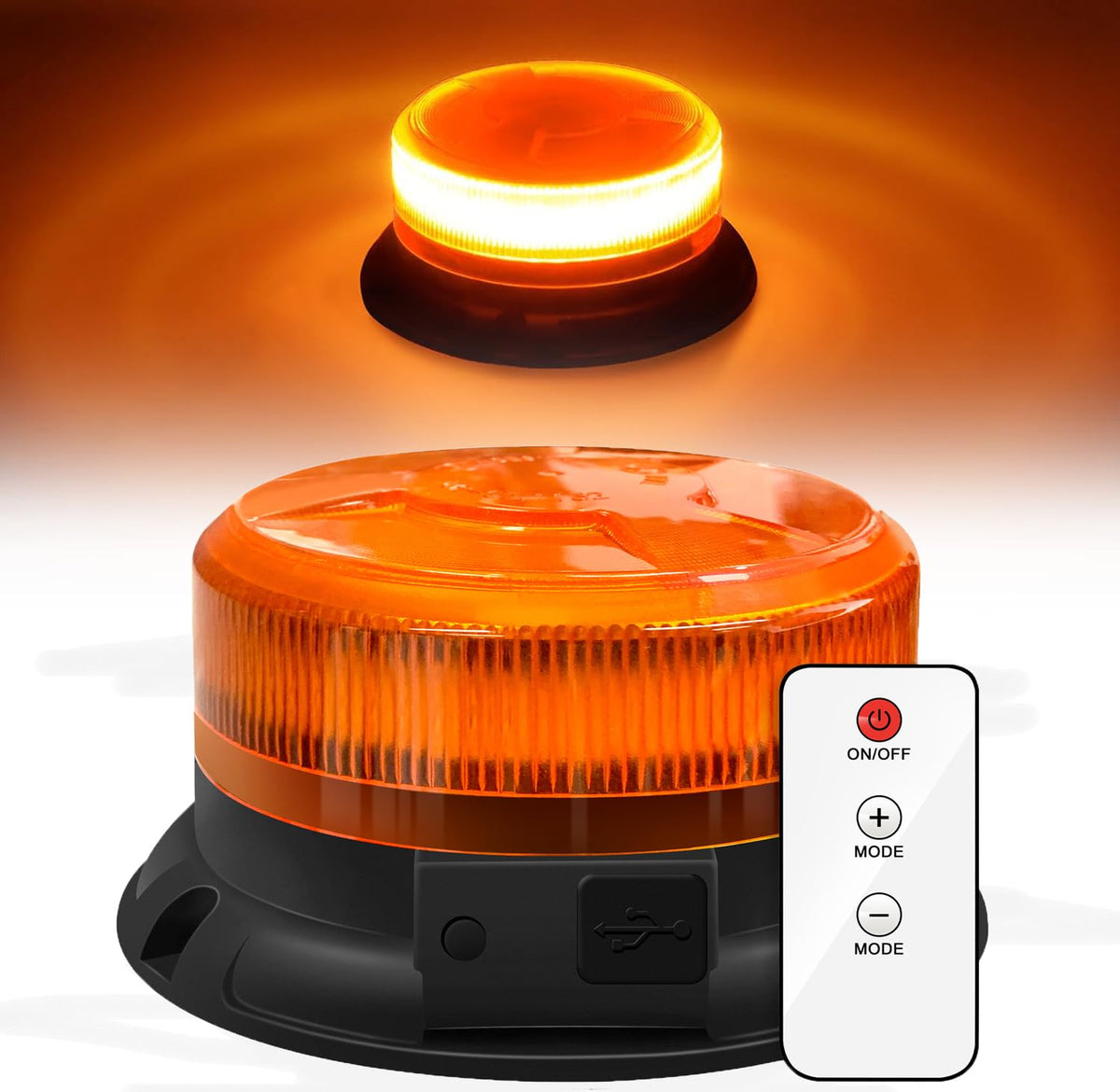 AnTom amber beacon front view showing compact design and bright LEDs for easy visibility