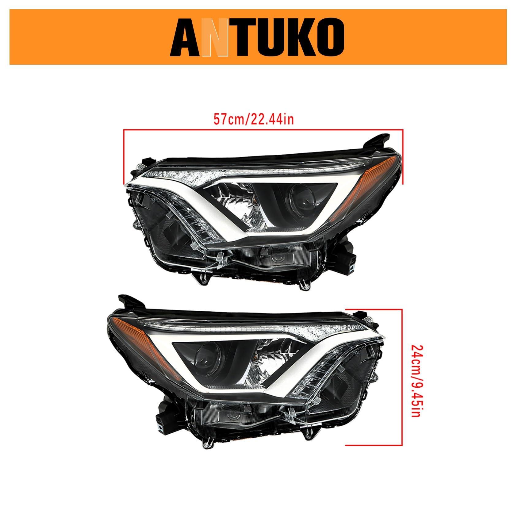 ANTUKO headlight next to ruler showing compact size and exact fit benefit