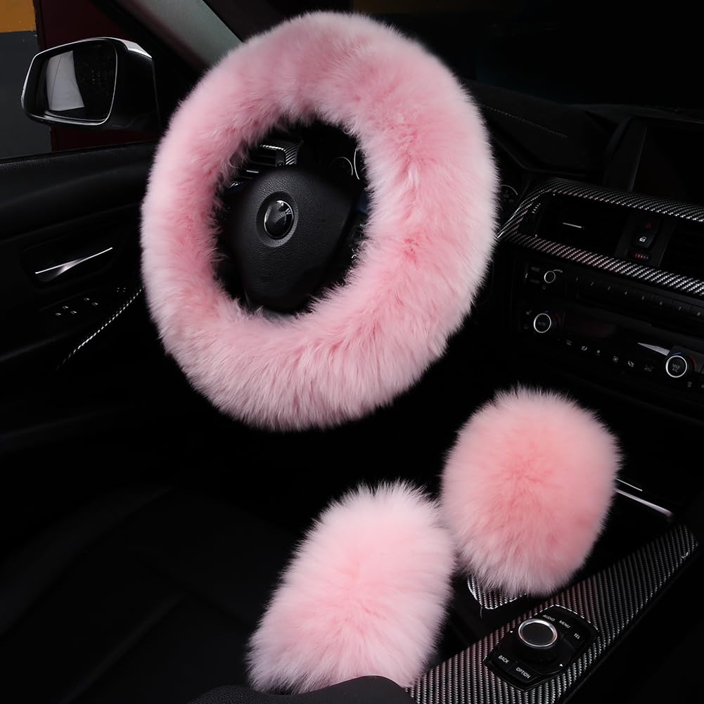 AOGELAN set front view showing pink sheepskin covers, enhances car style