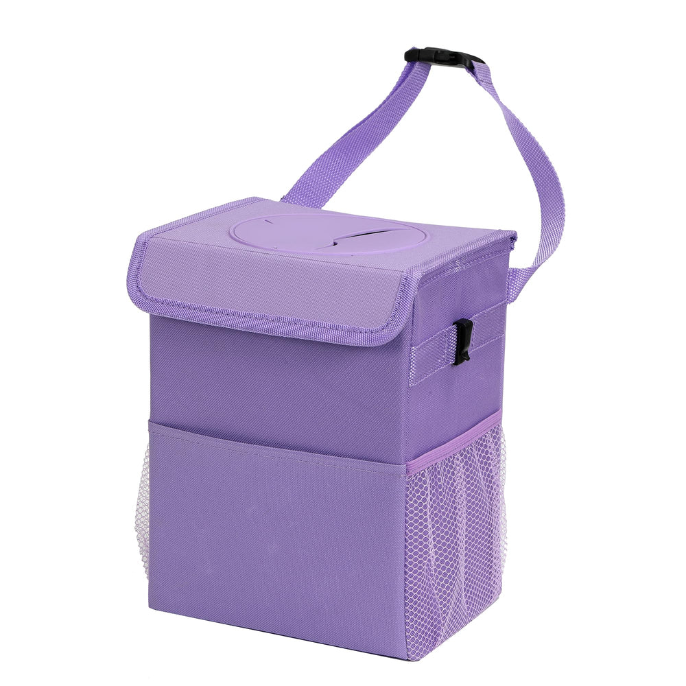 AOKJOY front view of purple car trash can showing compact tidy design