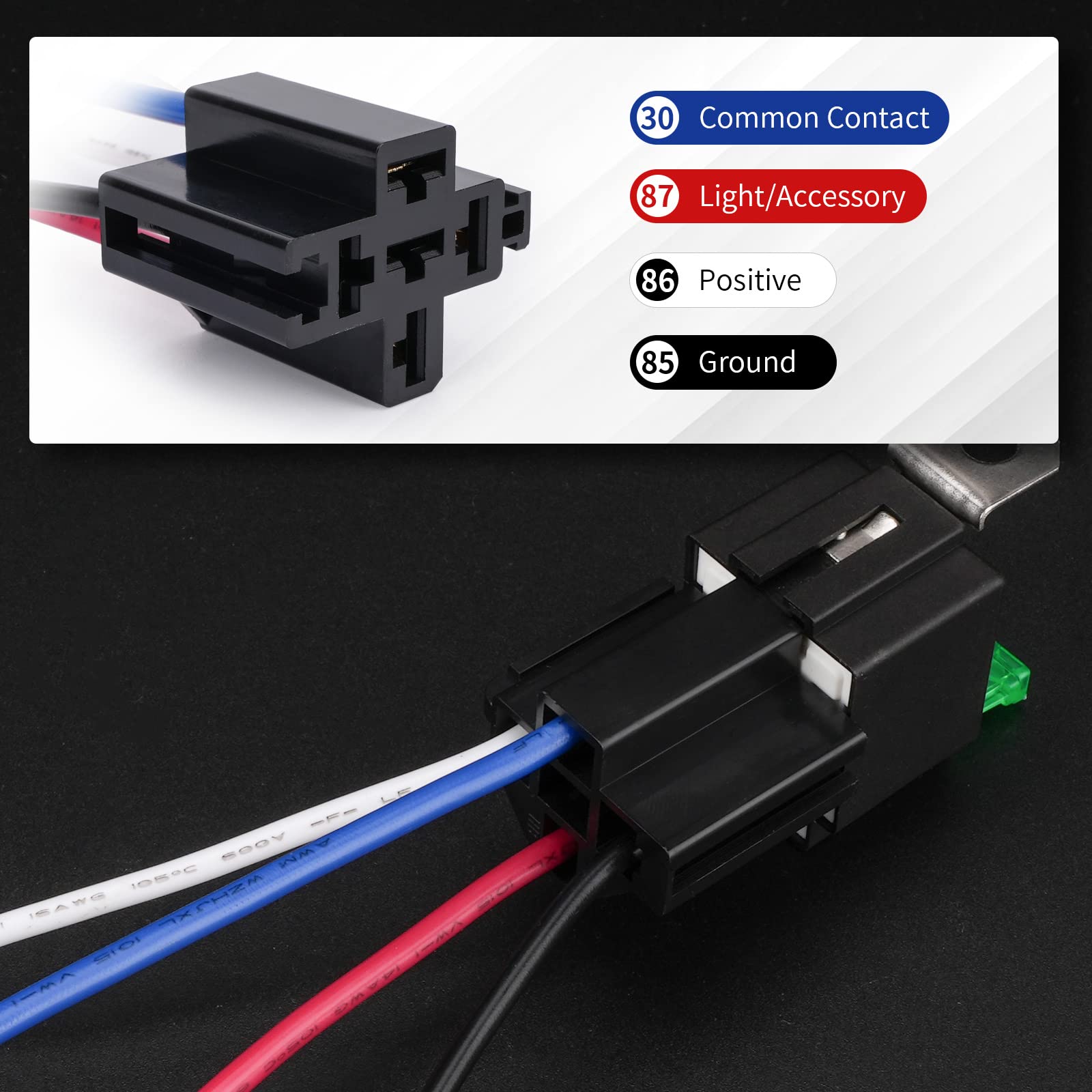 APIELE clear pinout label showing 85 86 30 87 for correct wiring