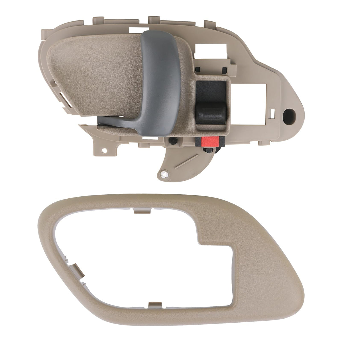 APPERFiT left door handle and bezel in tan showing full kit and packaging, restores interior