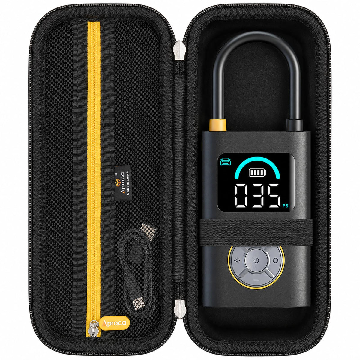 Aproca front view case showing secure shape and compact protection