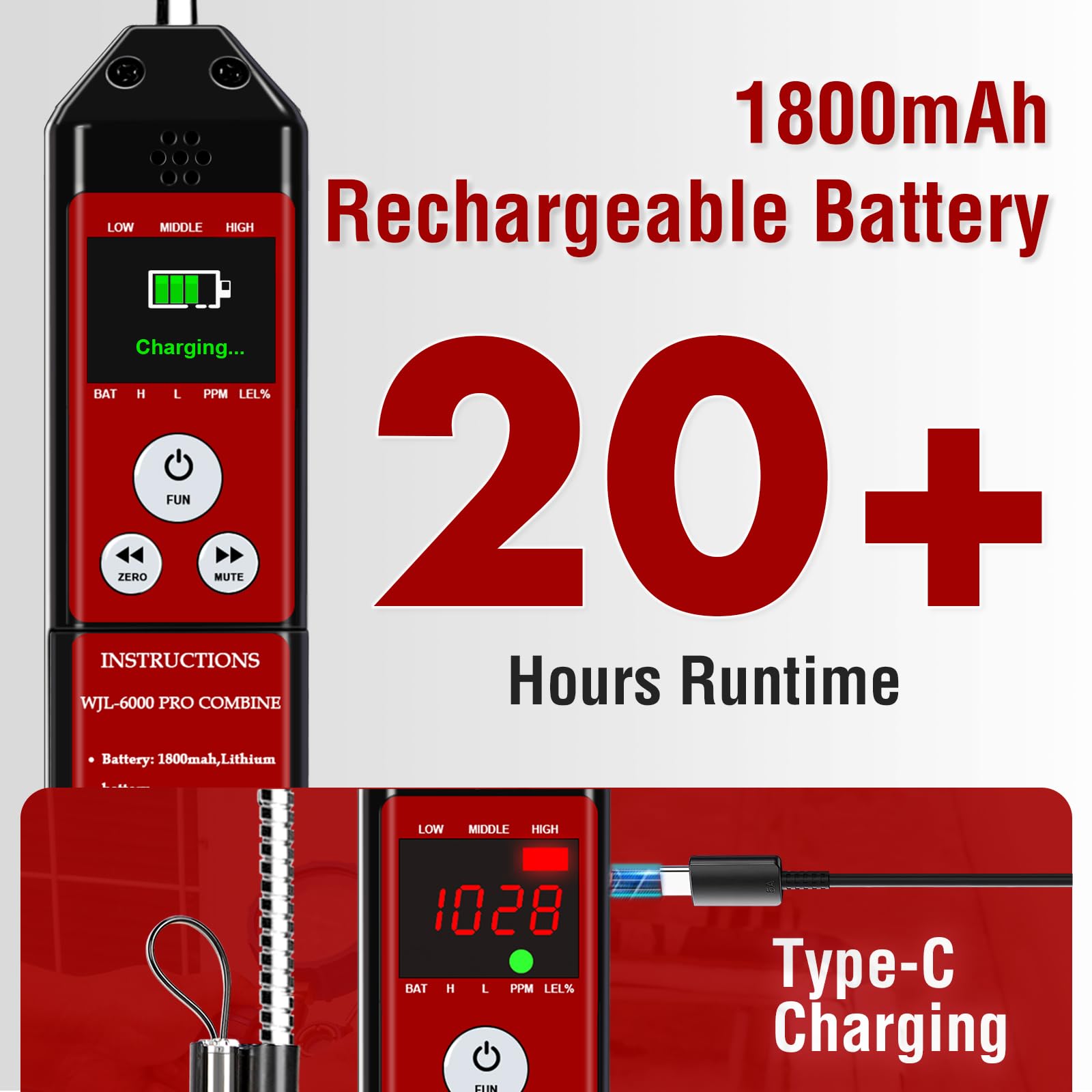 Aprvtio charging port and battery indicating 1800mAh rechargeable runtime advantage