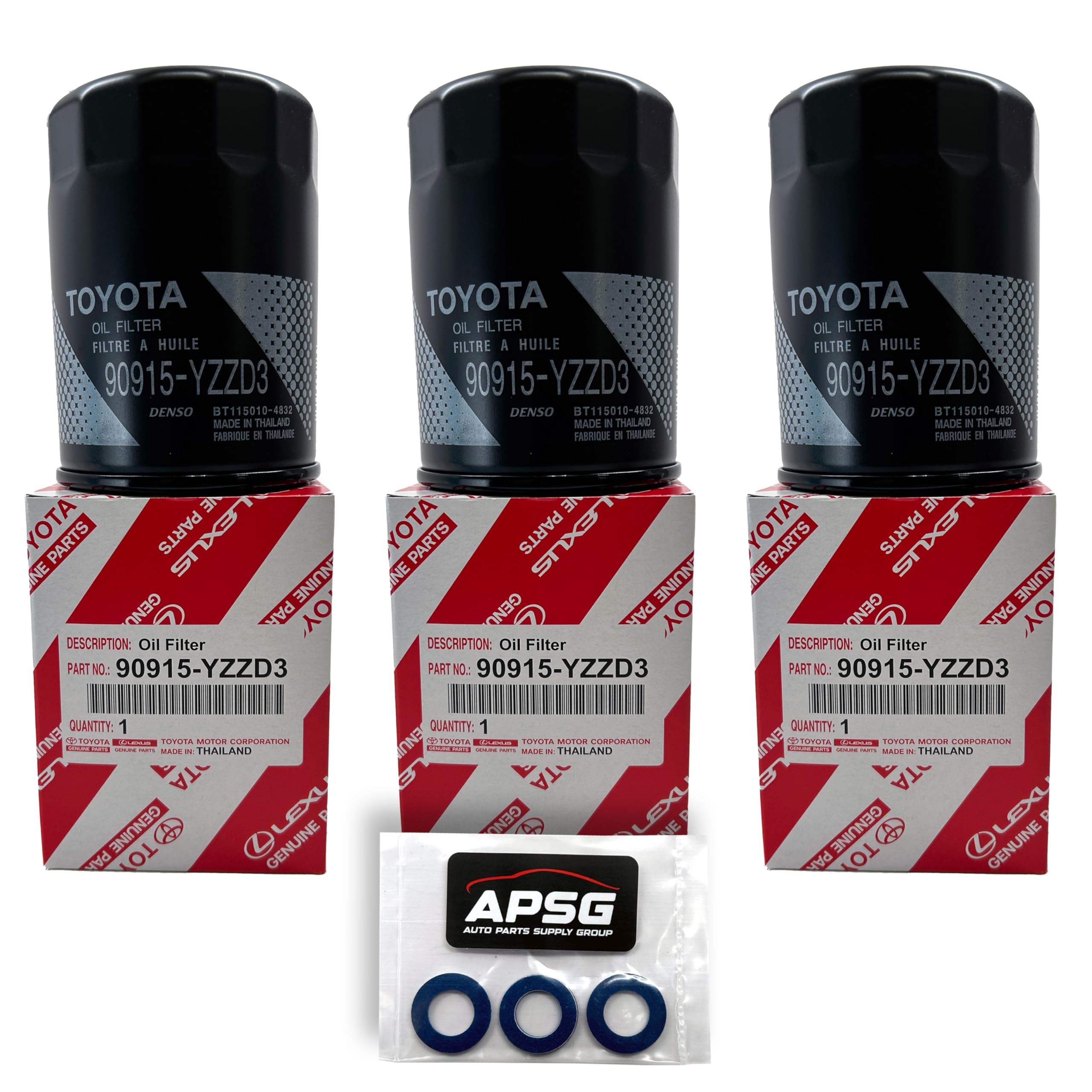APSG three filters and three washers staged on workbench showing ready-to-use maintenance kit