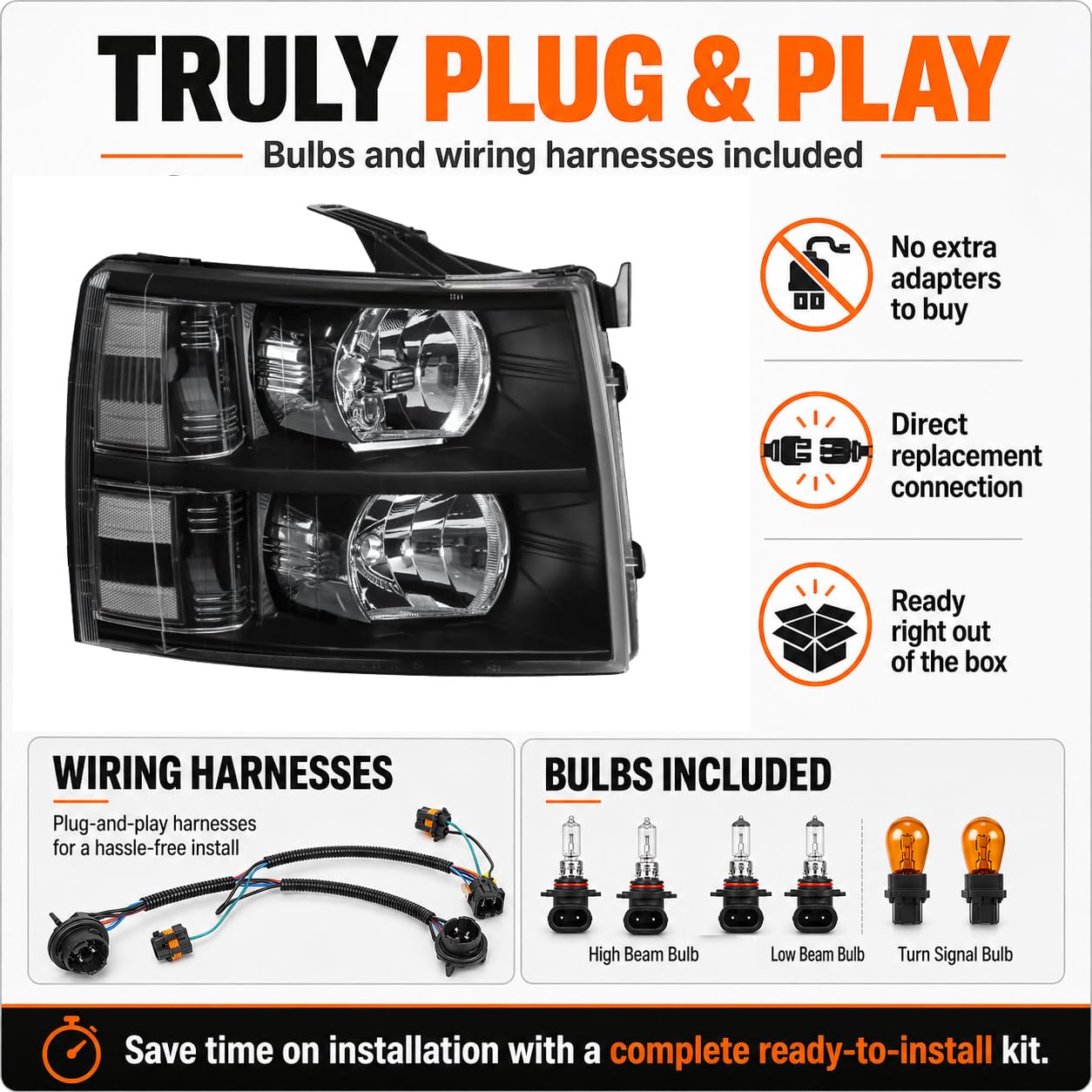 APSVE bulbs and wiring harness laid out for easy plug-and-play installation