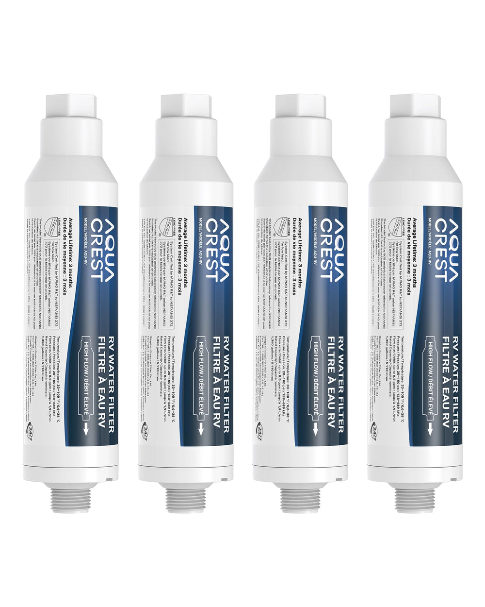 AQUA CREST front view of inline water filter showing compact design and quick install benefit
