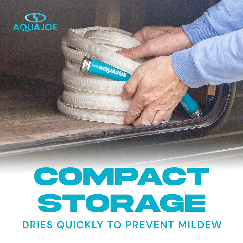 Aqua Joe hose coiled flat in RV bay for space-saving storage