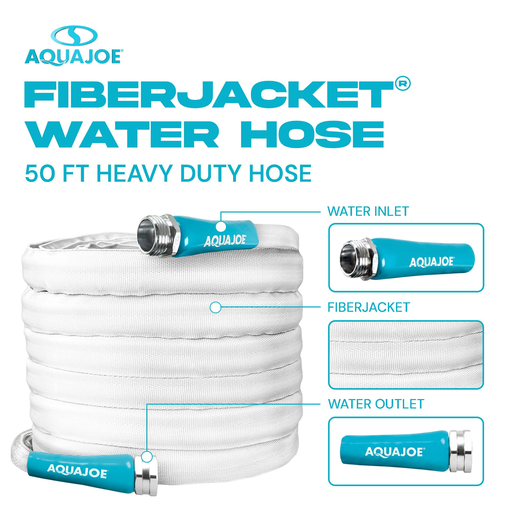 Aqua Joe hose beside shoe showing 50ft scale and easy portability