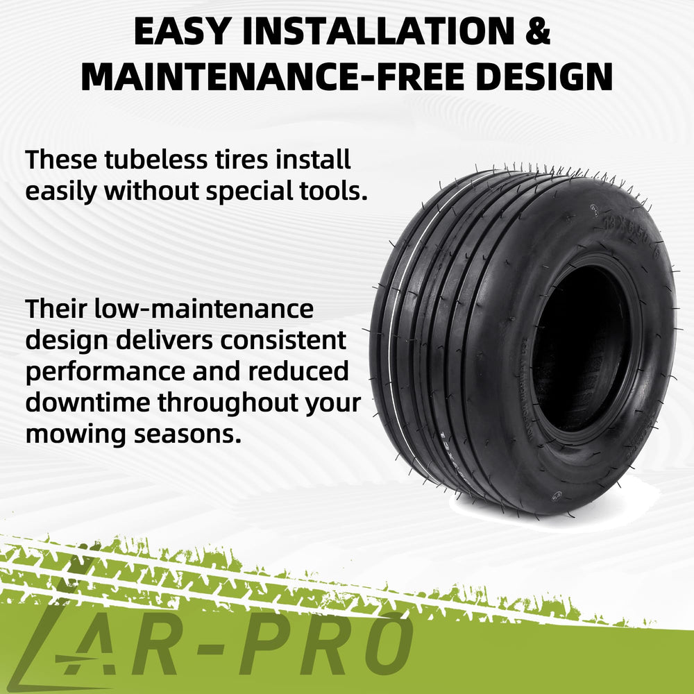 AR-PRO tire on lawn tractor in yard illustrating reduced turf damage and reliable control benefit