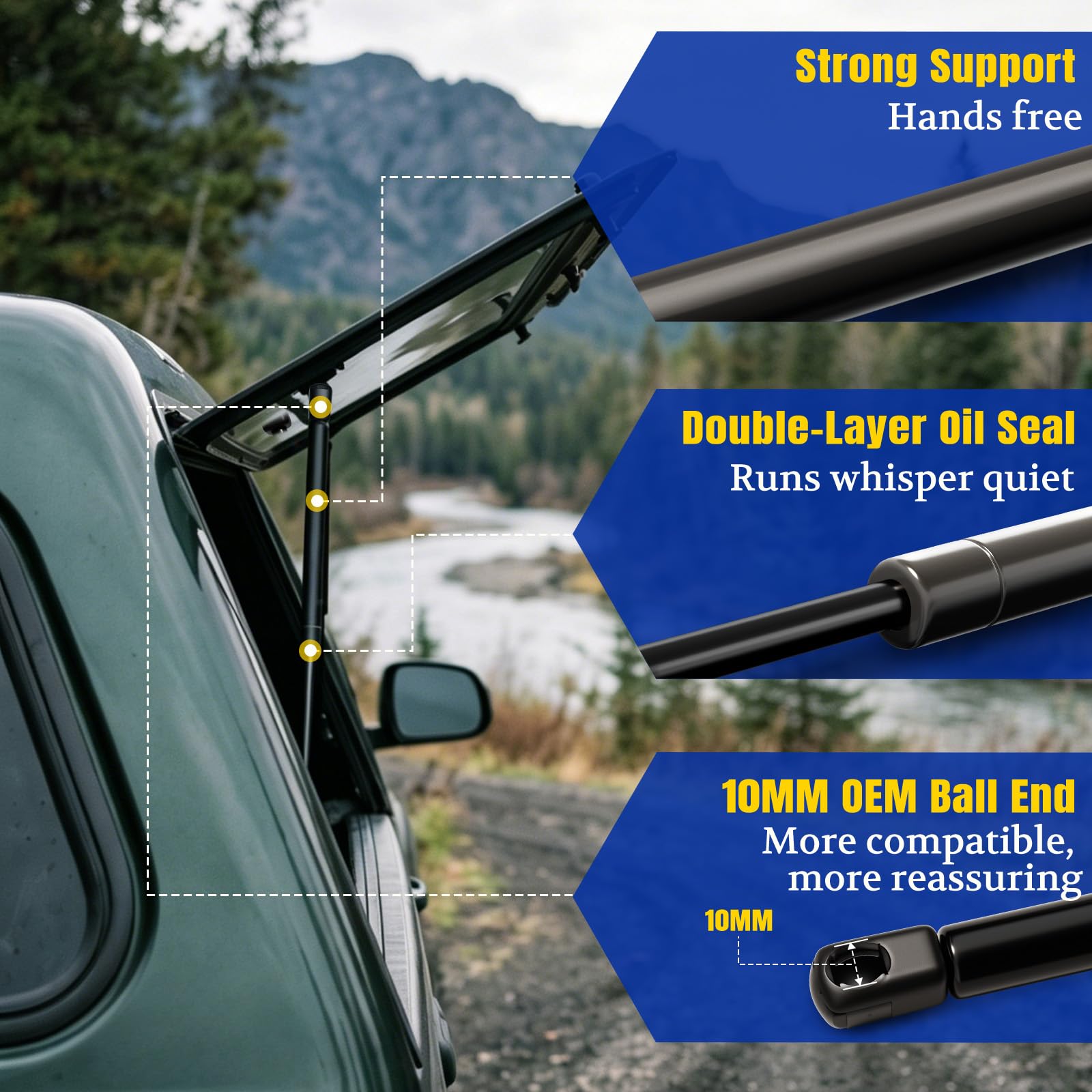 ARANA strut end fitting detail showing ball-stud attachment for easy install benefit