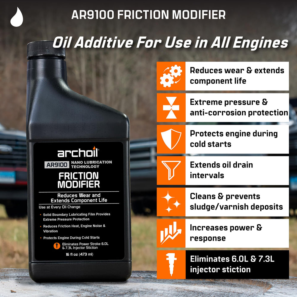 Archoil AR9100 side label close-up highlighting HEUI stiction and treatment directions