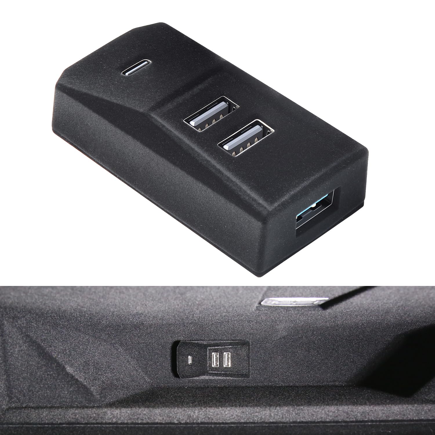 Arcoche front view installed in Tesla glove box showing discreet fit and clean look