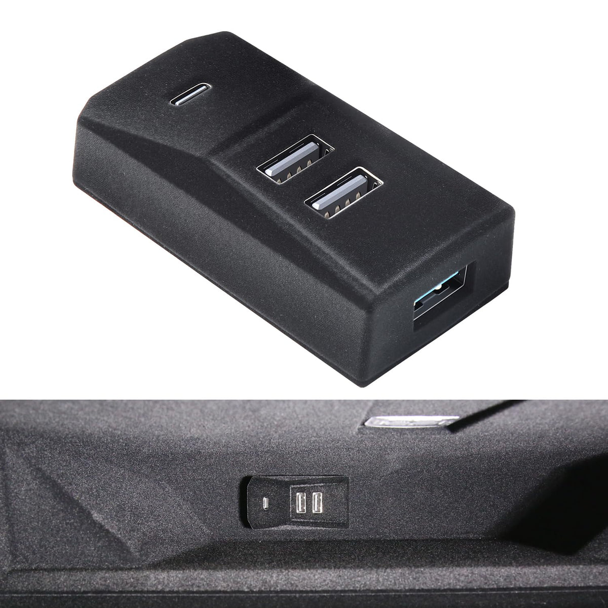 Arcoche front view installed in Tesla glove box showing discreet fit and clean look