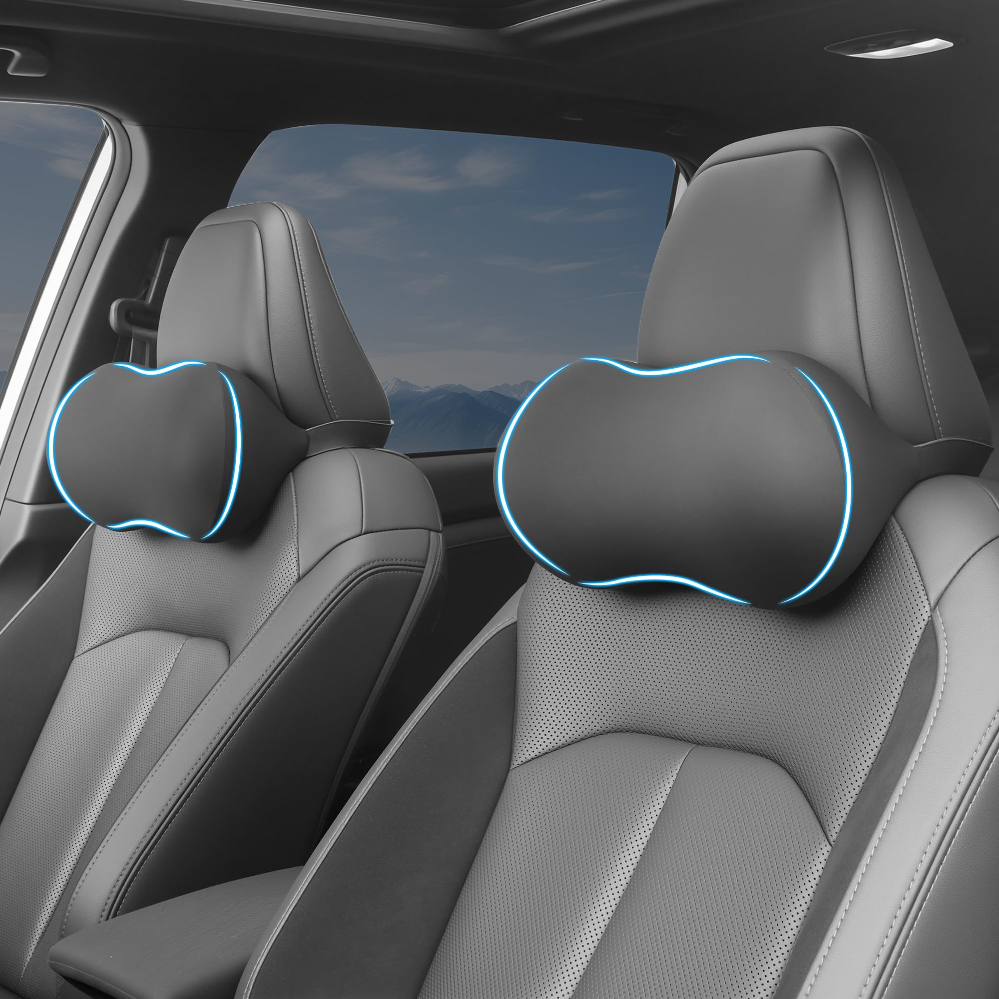 Arcoche front view of two black neck pillows showing shape and fit benefit