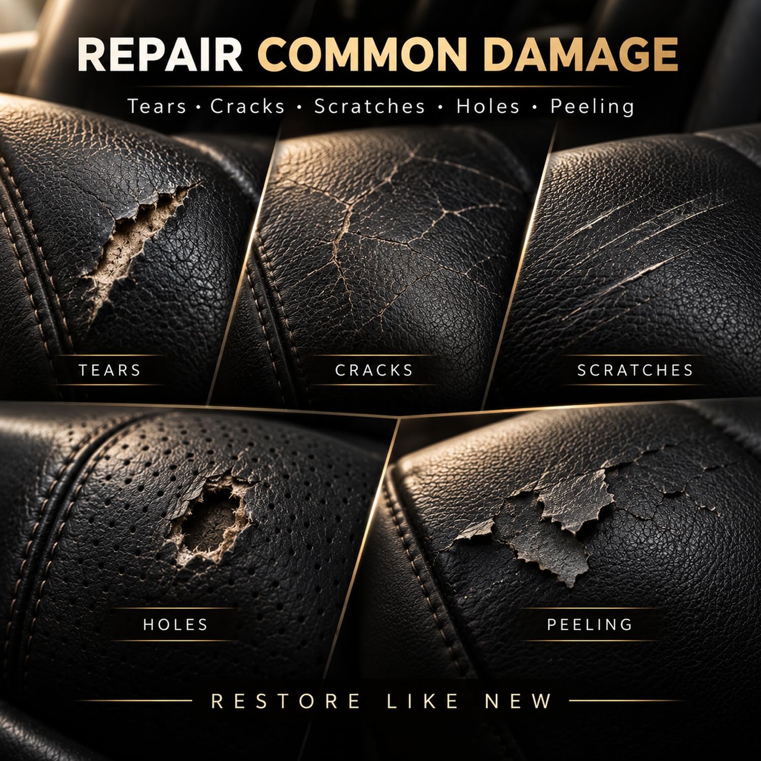 ARCSSAI before and after car seat repair illustrating restored black upholstery
