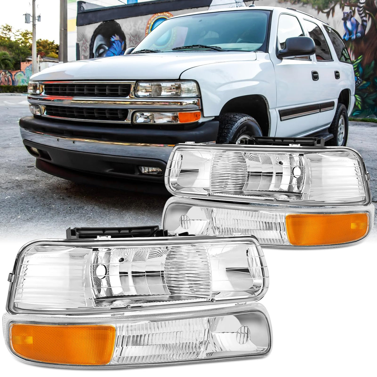 Aresparts front assembly pair showing chrome finish and clear lenses for accurate appearance