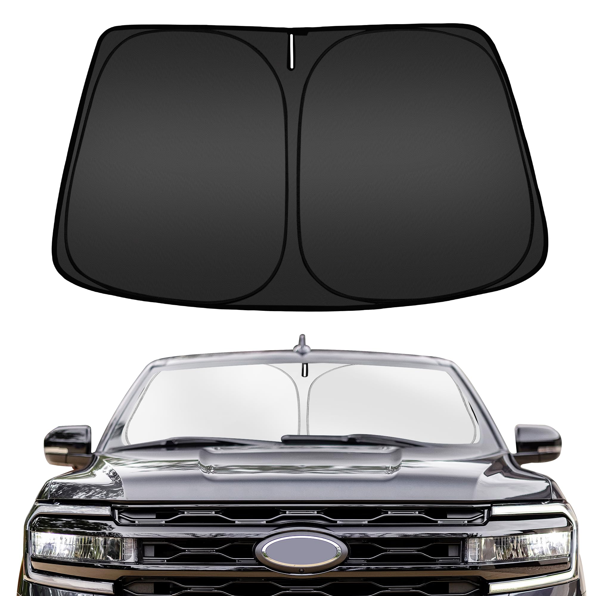 ARISMOTOR front view of custom-fit Expedition sun shade protecting windshield
