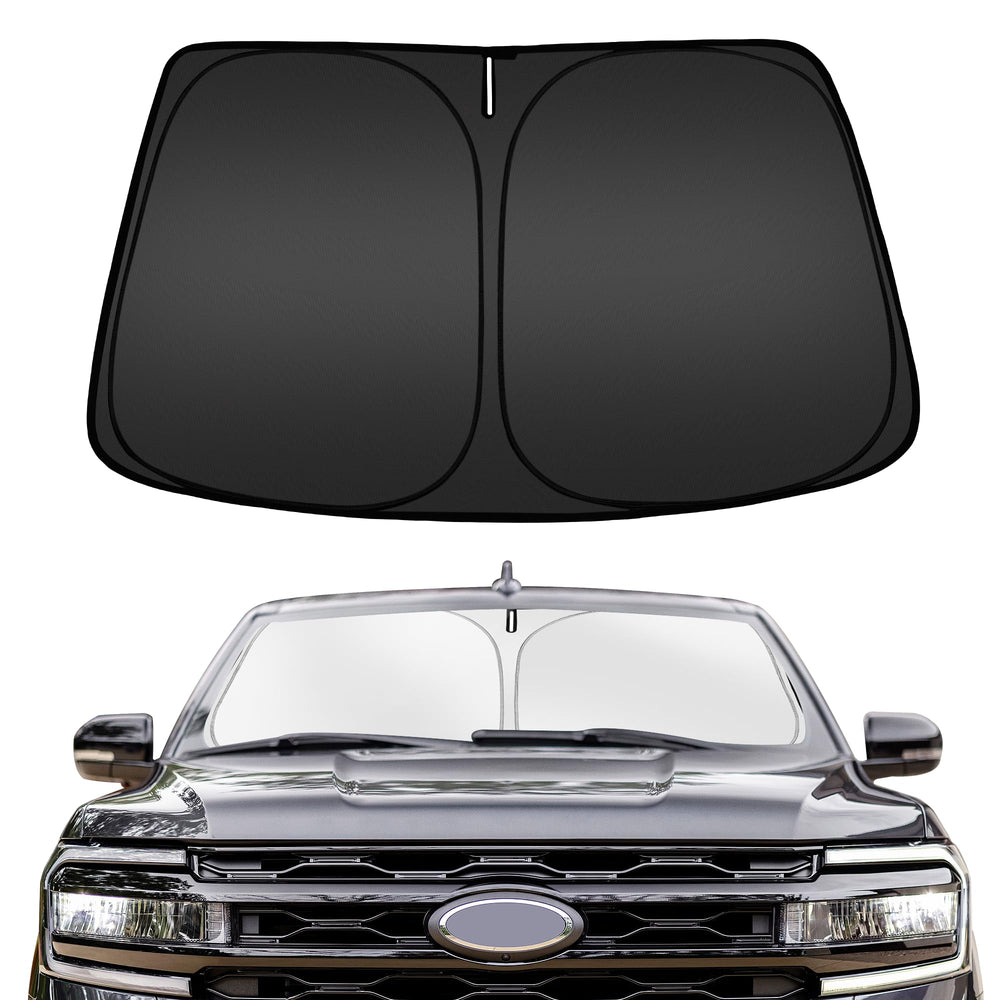 ARISMOTOR front view of custom-fit Expedition sun shade protecting windshield