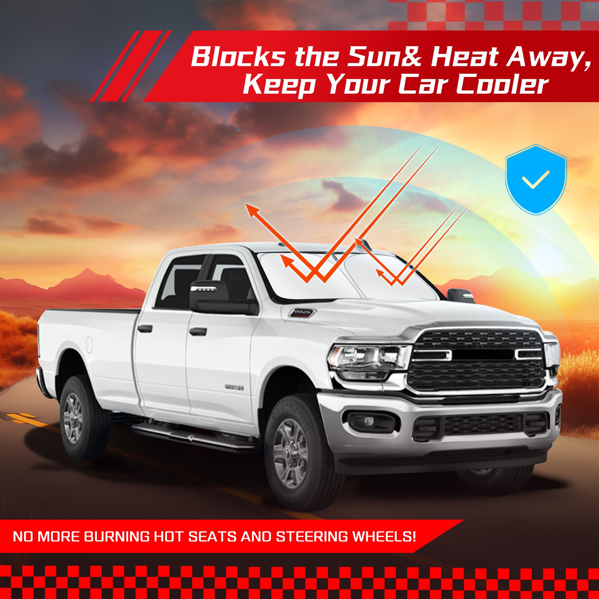 ARISMOTOR lifestyle view with truck parked using shade to keep interior cool