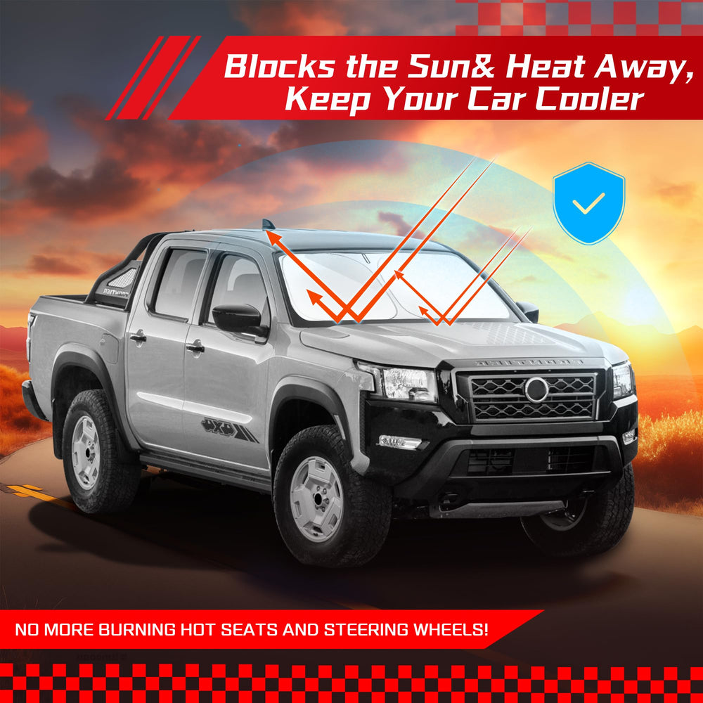 ARISMOTOR shade in a parked Frontier demonstrating sun protection benefit