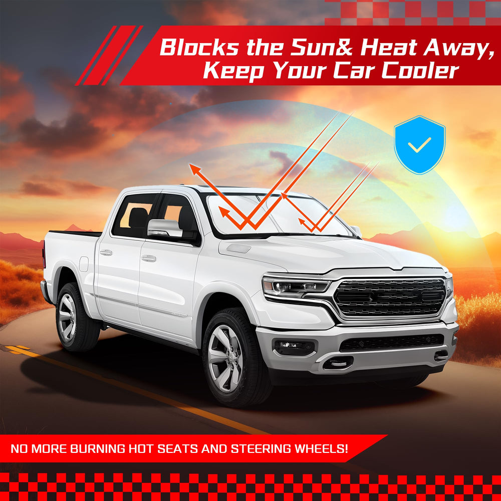 ARISMOTOR in lifestyle shot with parked Ram 1500 showing sun protection and preserved interior