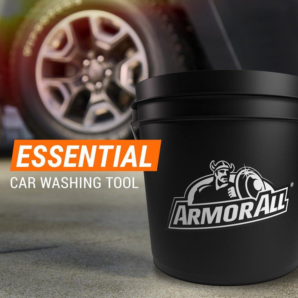Armor All bucket beside measuring cup demonstrating 3.5-gallon capacity for consistent suds