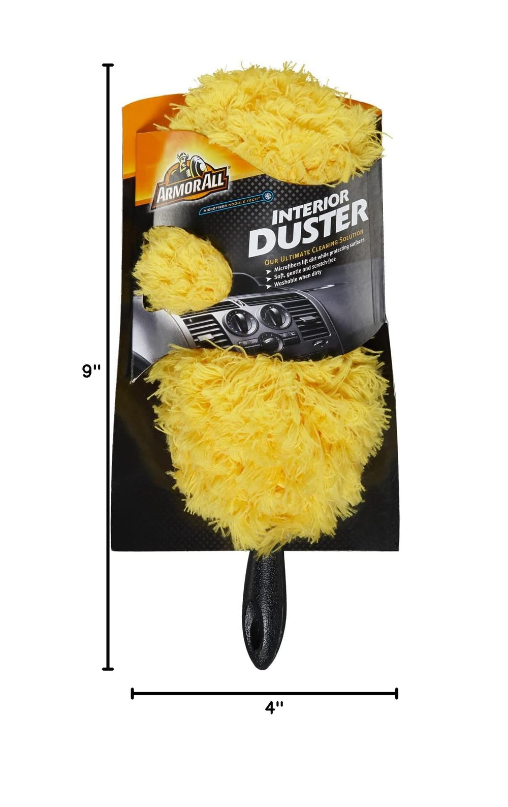 Armor All duster next to a phone showing size and portability for on-the-go cleaning