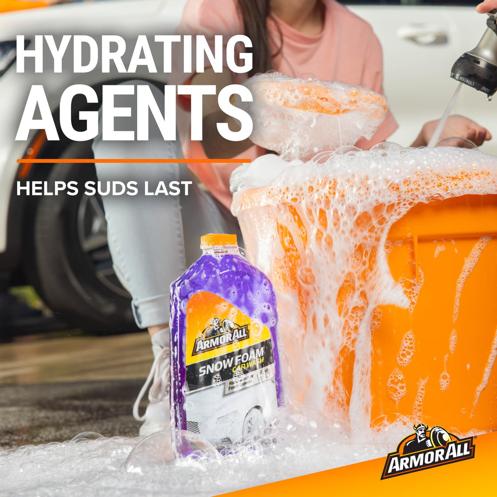 Foam cannon spraying Armor All snow foam for fast, even coverage