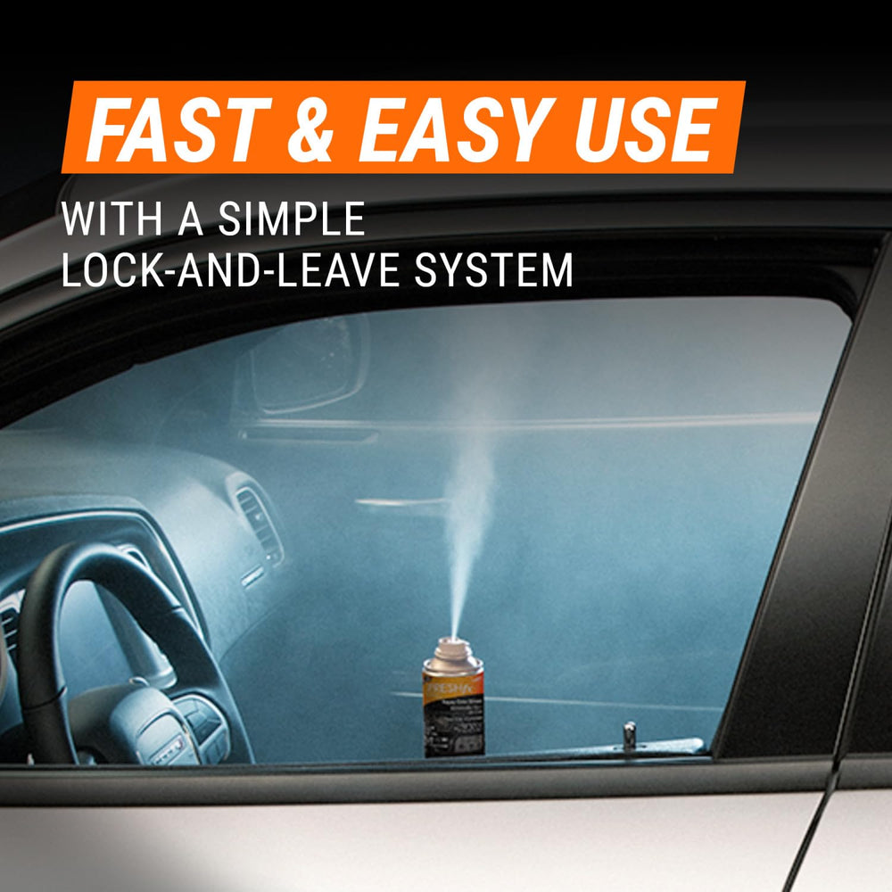 Armor All fogger inside car with doors open showing safe ventilation benefit
