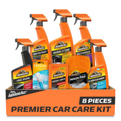 Armor All kit front packaging showing all eight car care products and benefits