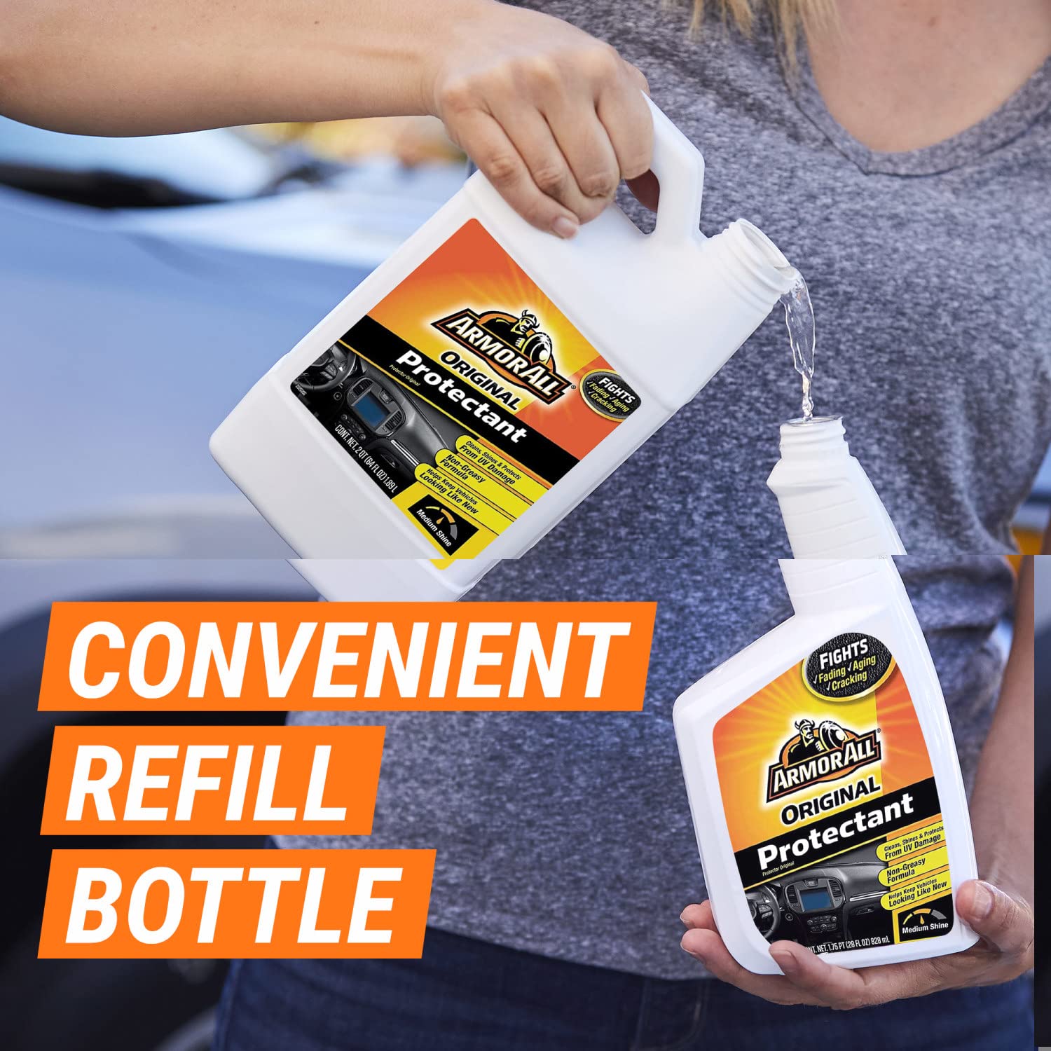 64 oz Armor All refill next to spray bottle illustrating refill savings benefit