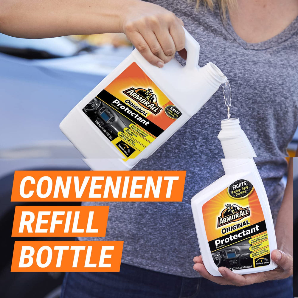 64 oz Armor All refill next to spray bottle illustrating refill savings benefit