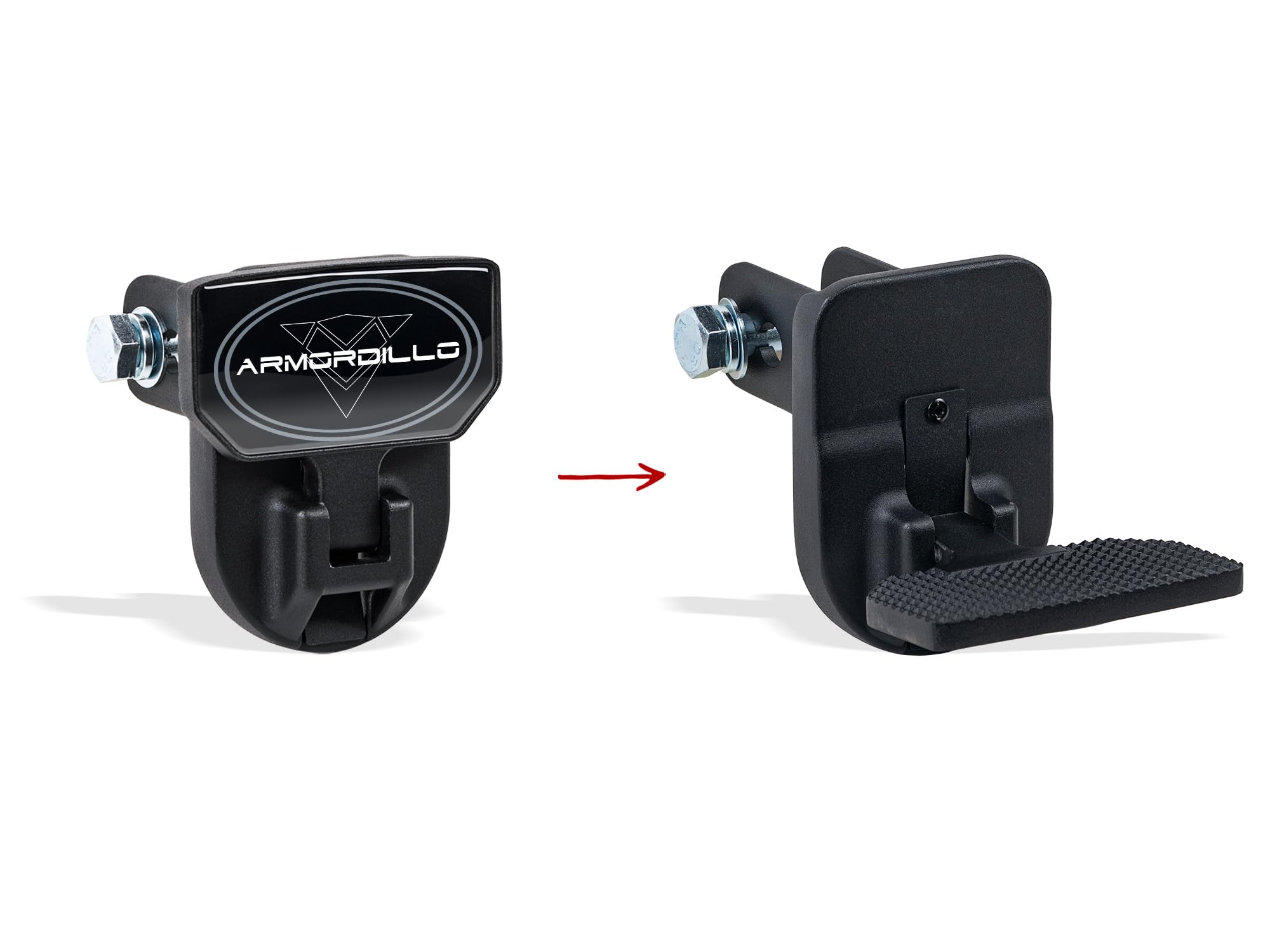 Armordillo folded hitch step mounted on a 2 inch receiver for low profile storage