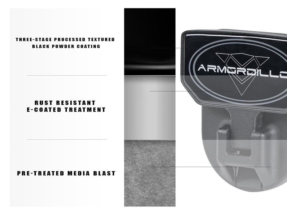 Armordillo matte black powder coat detail resisting rust and corrosion
