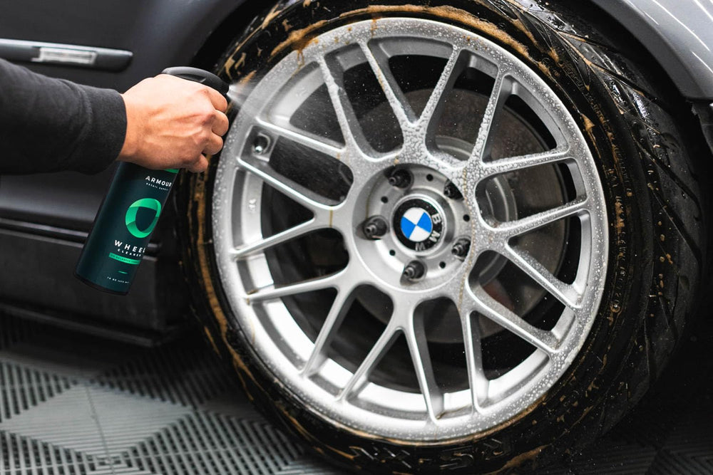 Armour Detail Supply spray being applied to a wheel for safe cleaning