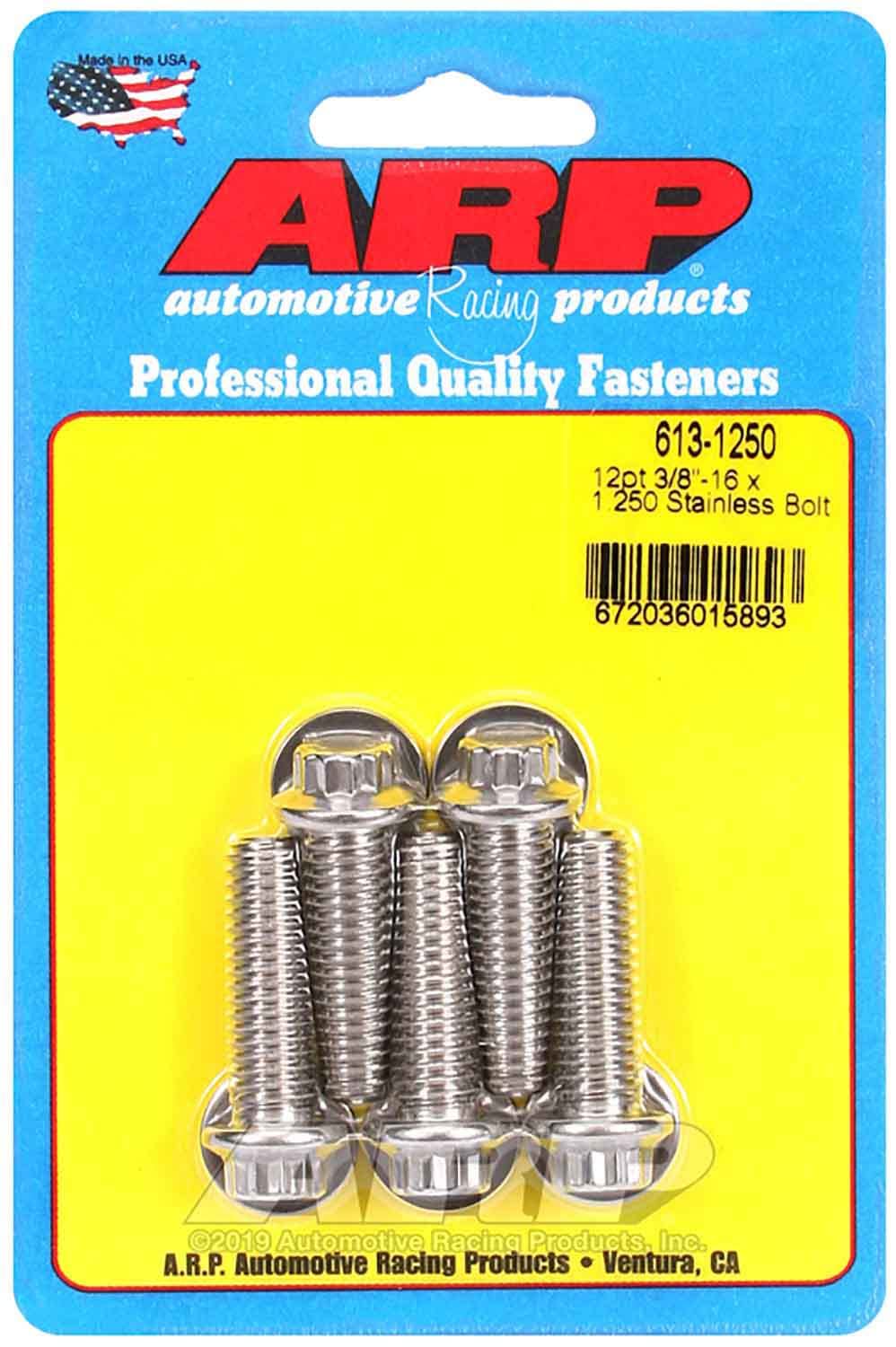 ARP polished stainless front pack showing five bolts and card, durable corrosion resistance