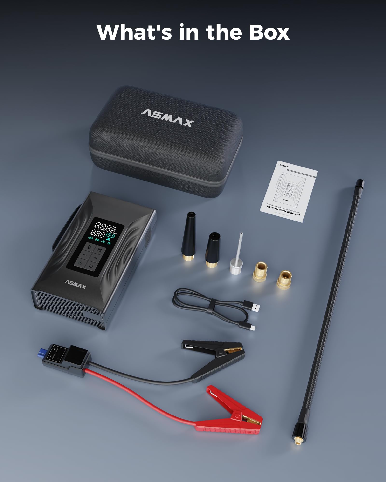 ASMAX T20 accessories and five nozzles arrayed for versatile inflation needs