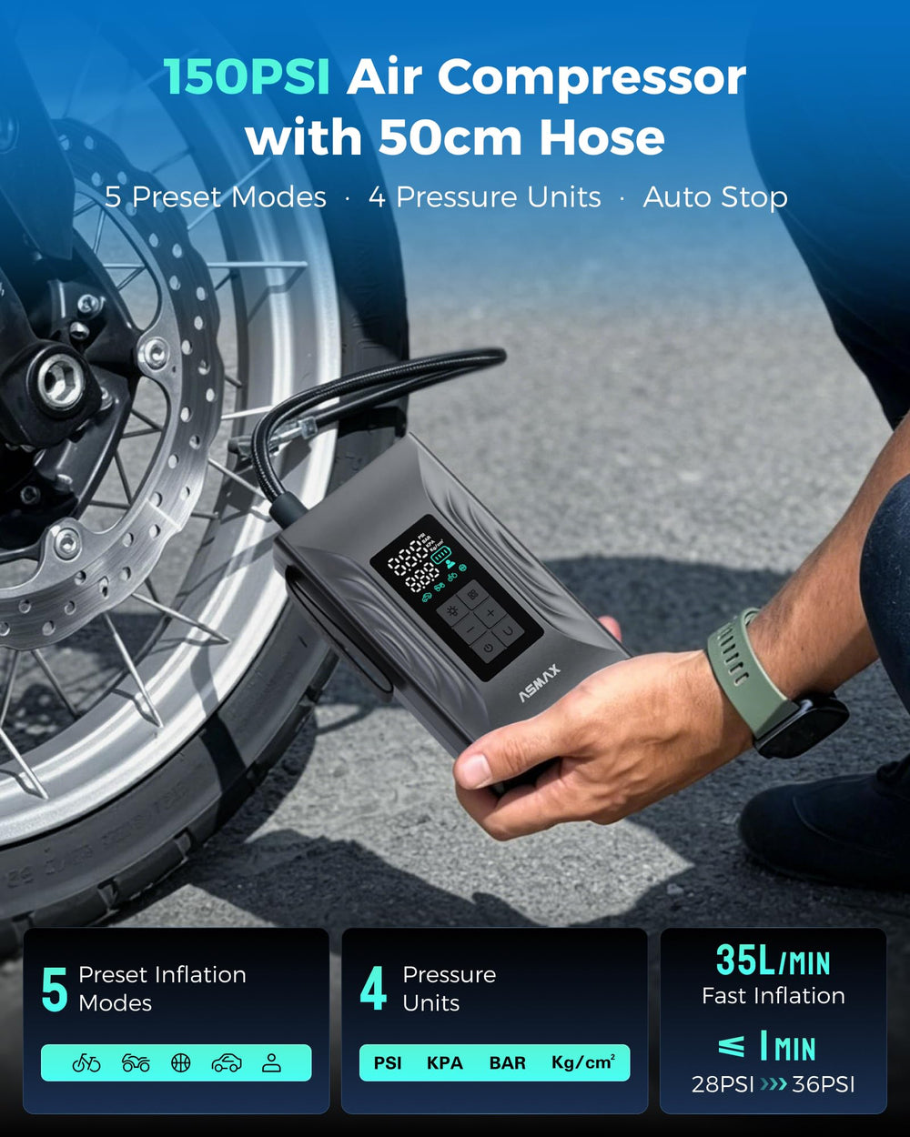 ASMAX T20 extended hose and nozzle for easier reach while inflating tires