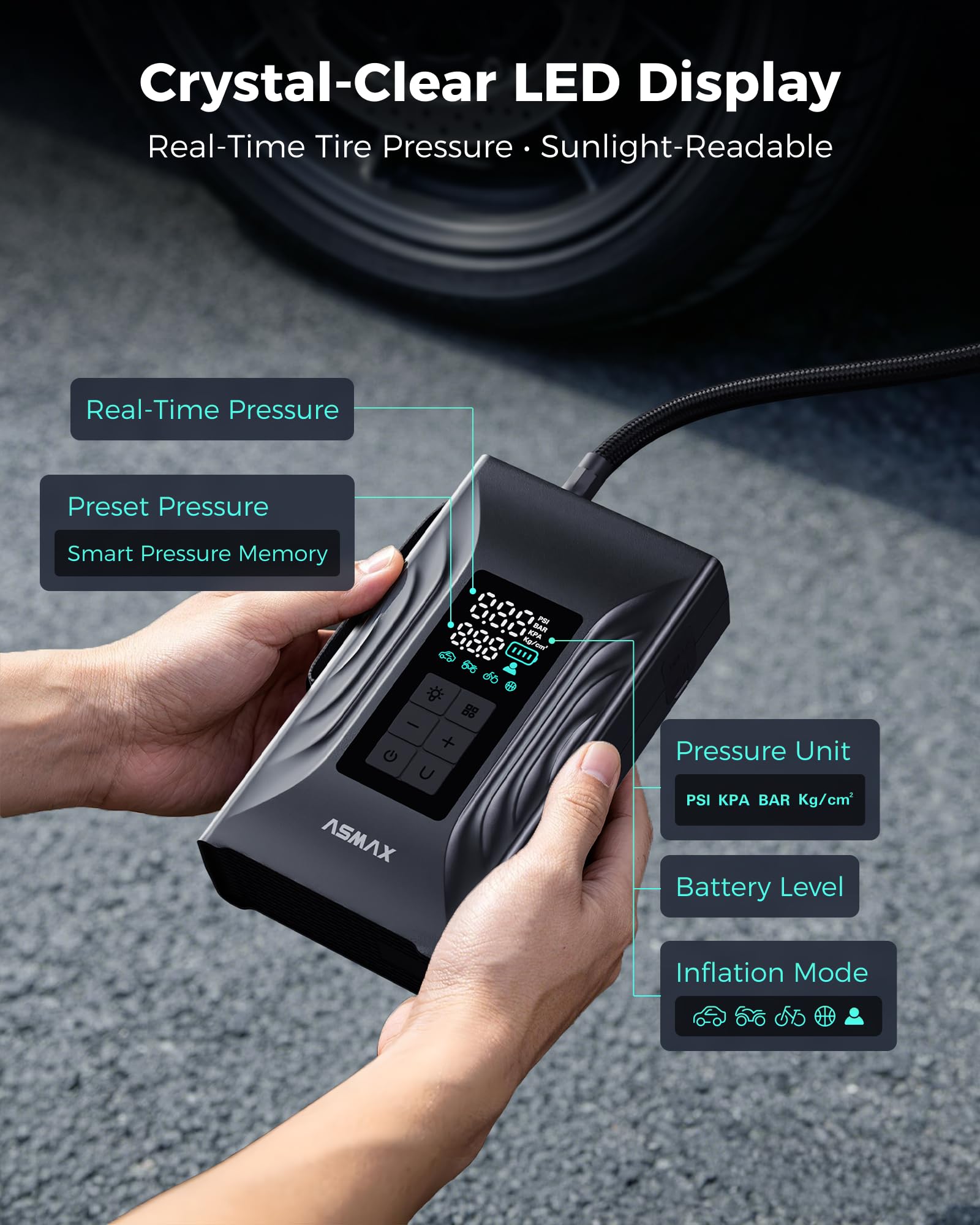 ASMAX T20 beside a hand to demonstrate compact scale and travel-friendly size