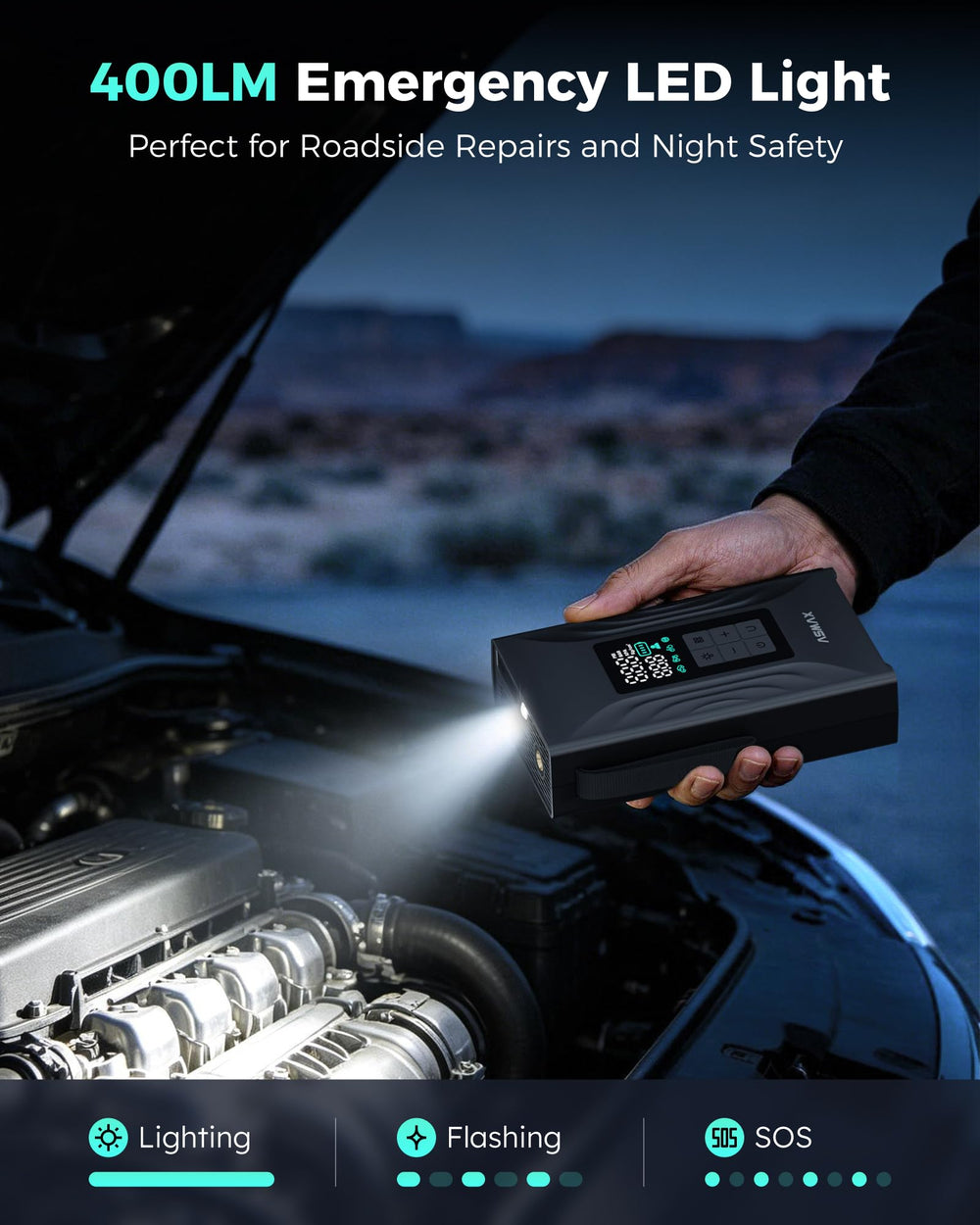 ASMAX T20 inflating a car tire quickly for fast roadside tire repairs